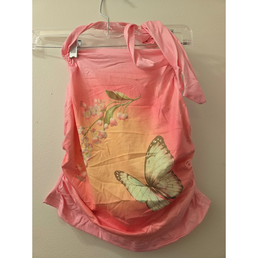 SHEIN Pink Butterfly Floral Halter Tube Top Women's Size S